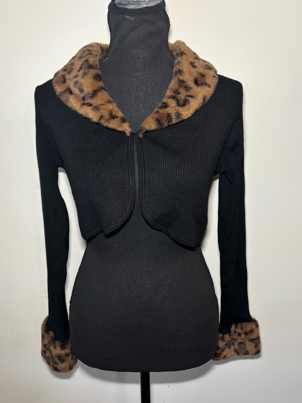 Nite Out Black Crop Cardigan with Faux Leopard Fur Trim
